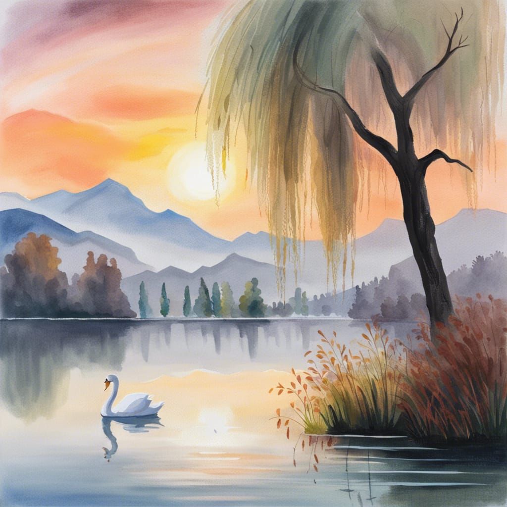 Swan Lake Sunrise in Impressionist Gouache Style