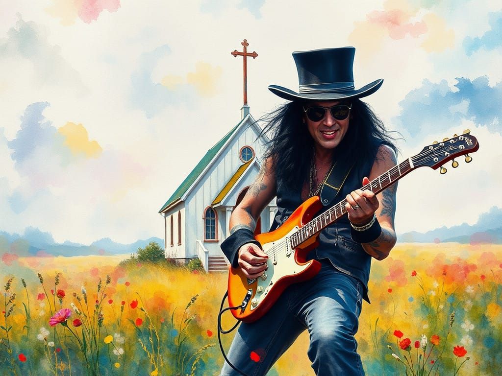 Guitarist in Front of a Tiny Church in a Colorful Meadow