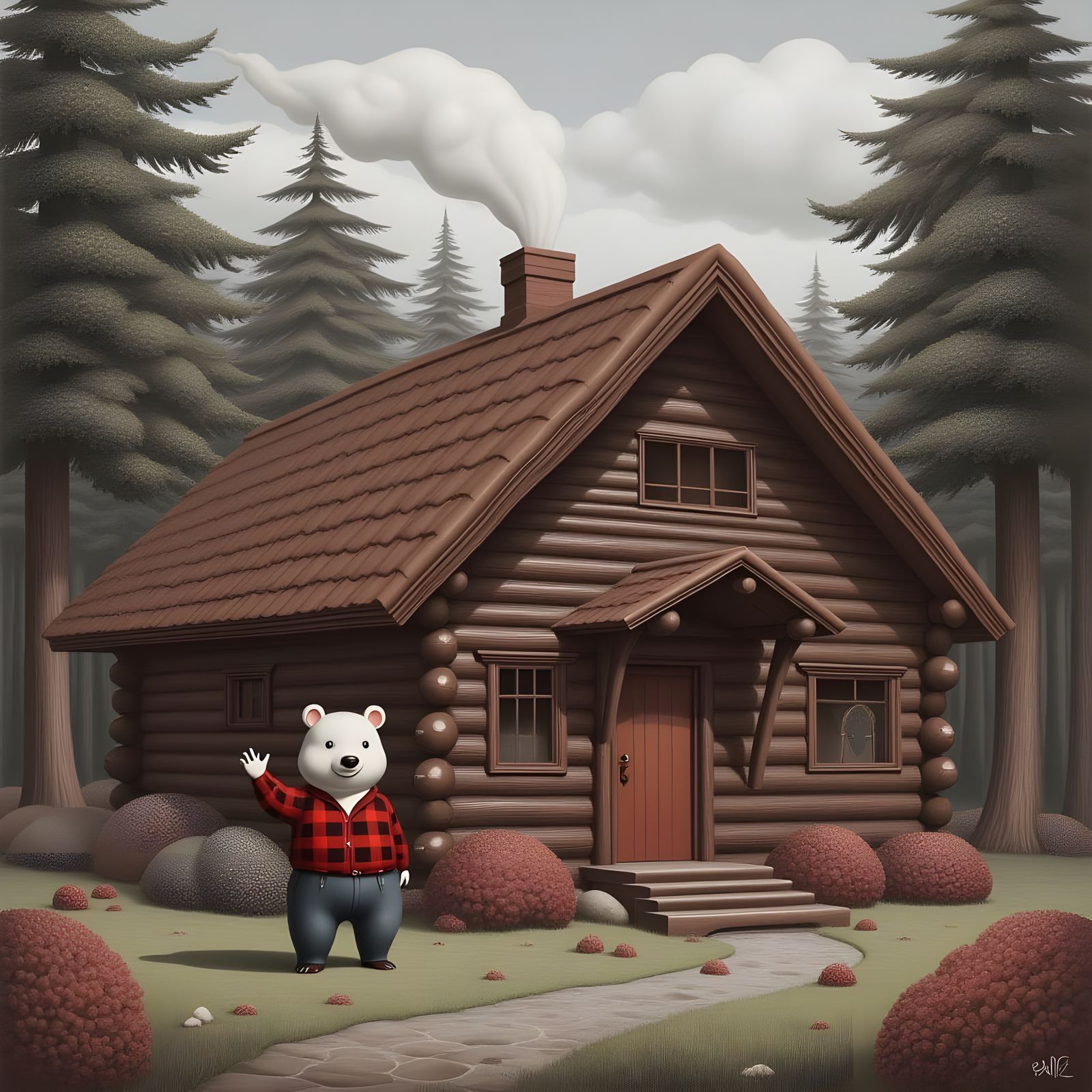 Cozy Log Cabin Welcoming You with a Friendly Bear