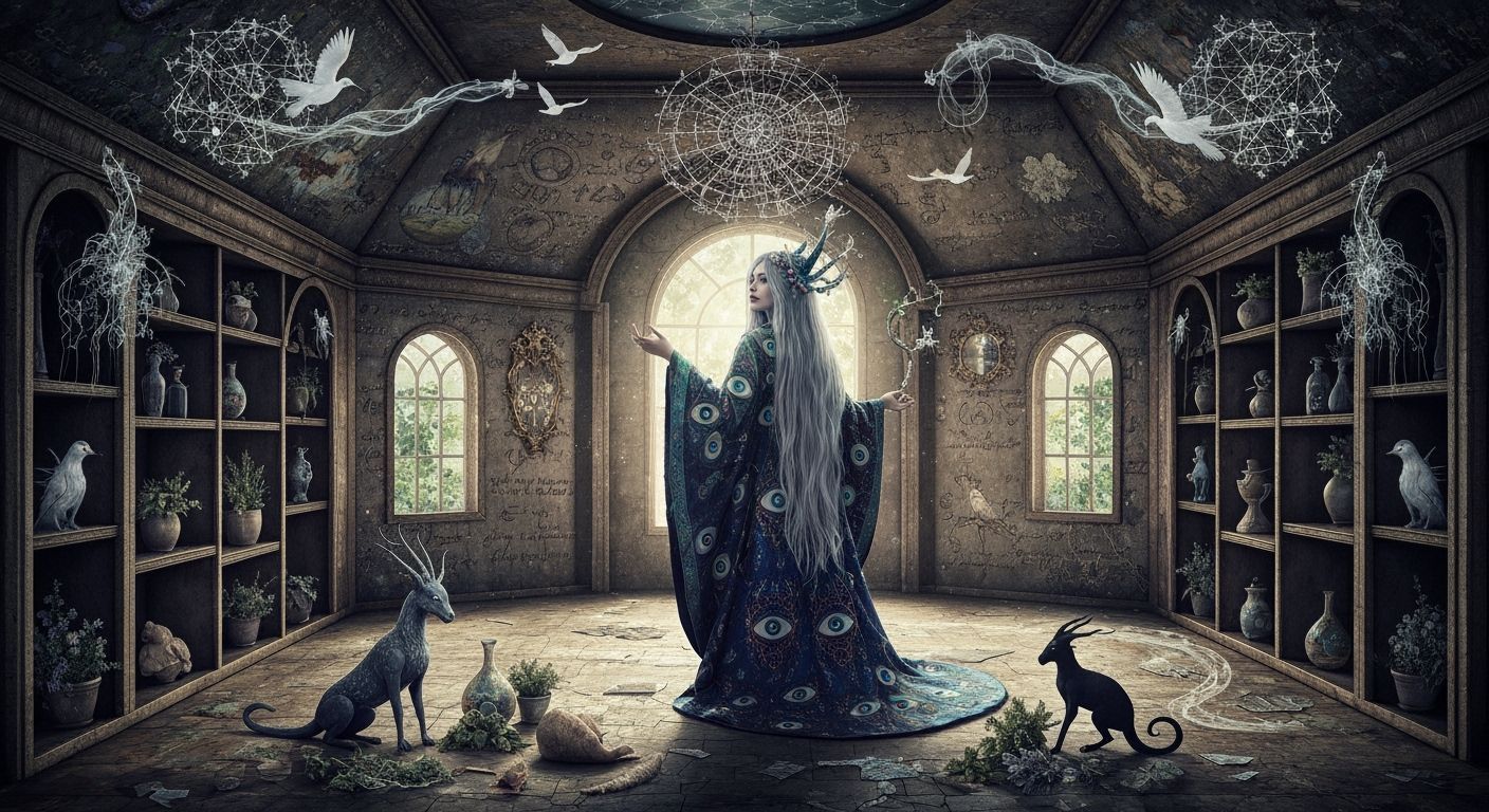 Mystical Witch Crafting Potions in Surreal Spacecraft Room