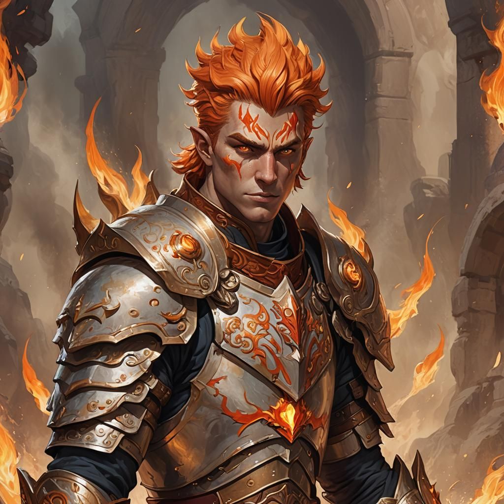 Armored Fire Genasi Digital Painting in Fiery Colors