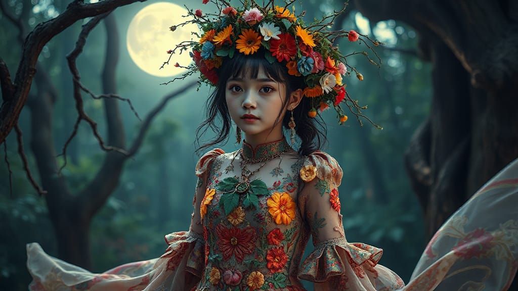 Enchanted Forest Woman with Floral Crown in Anime Hyperreali...