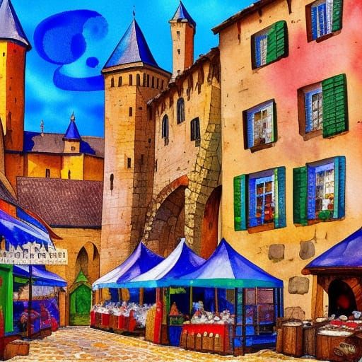 Medieval Market in Carcassonne: Gouache Impressionist Style