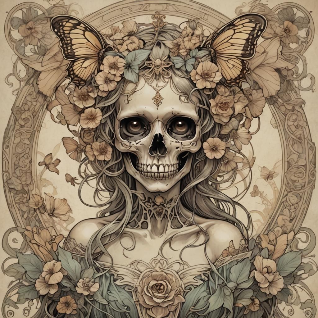 Skull Butterfly in Art Nouveau Style