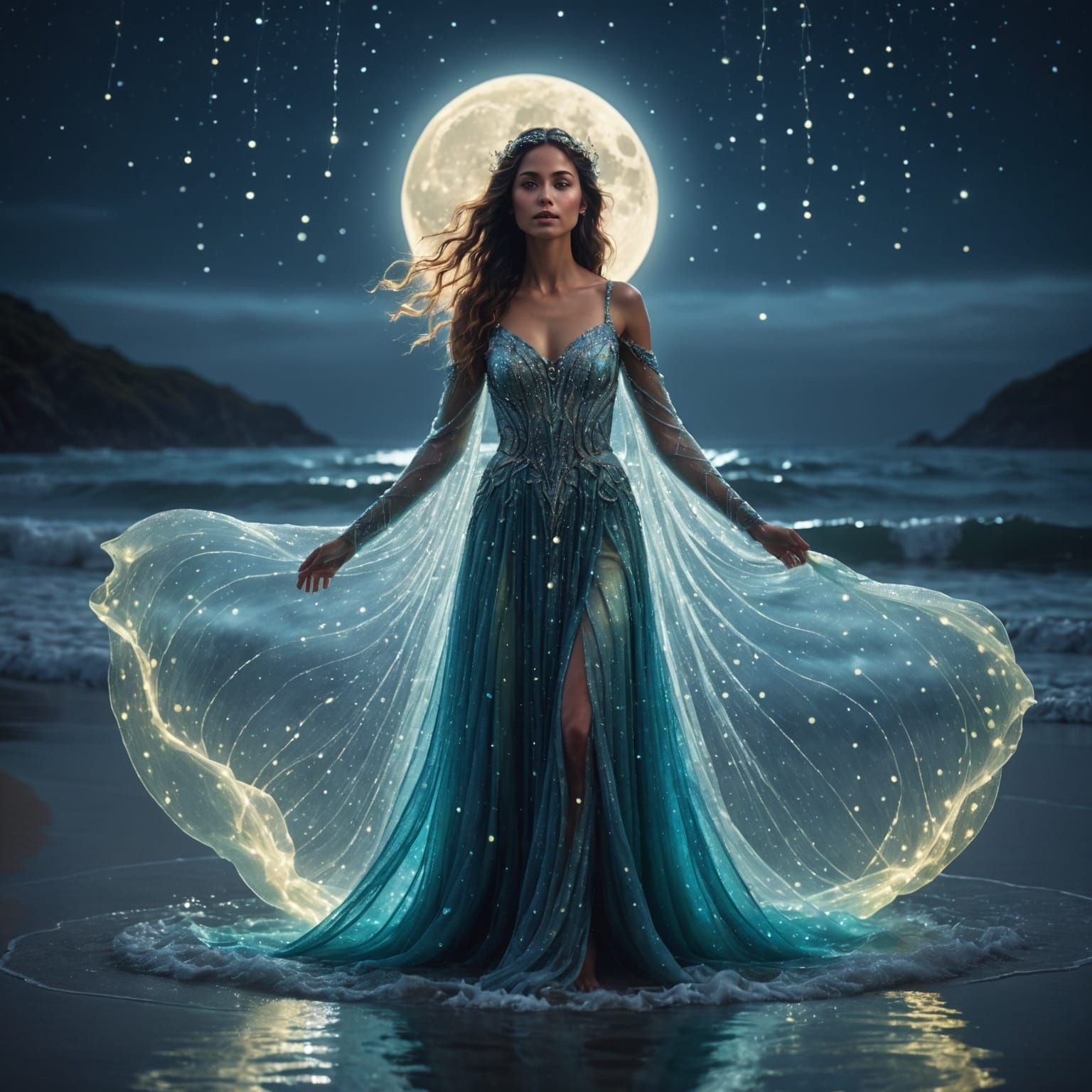 Mystical Woman in Luminous Waters: Conceptual Art