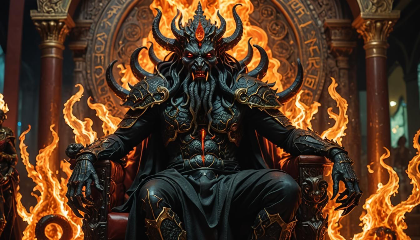Beelzebub on a Fiery Throne with Cthulhu and Kali