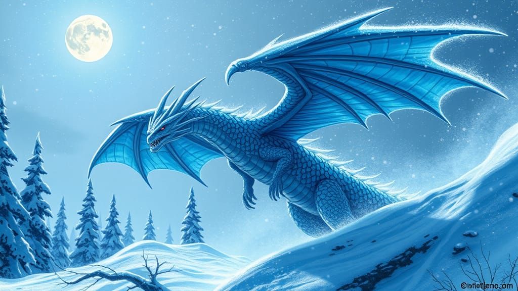 Icy Grim Reaper Dragon Soaring in Winter Landscape