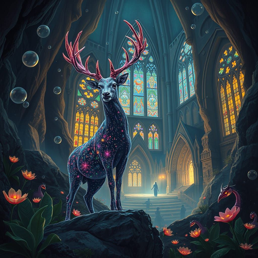 Mystical Stardust Deer Guards Ancient Cathedral