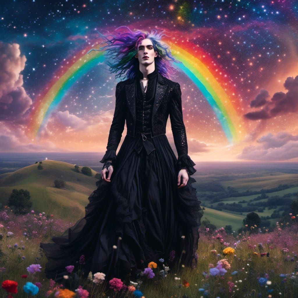 Rainbow Haired Man in Gothic Gown on Hilltop