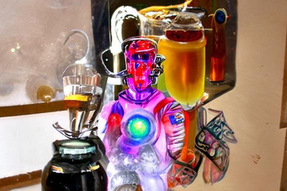Cyborg Bartender Toasting Crew in Cosmic Illustration