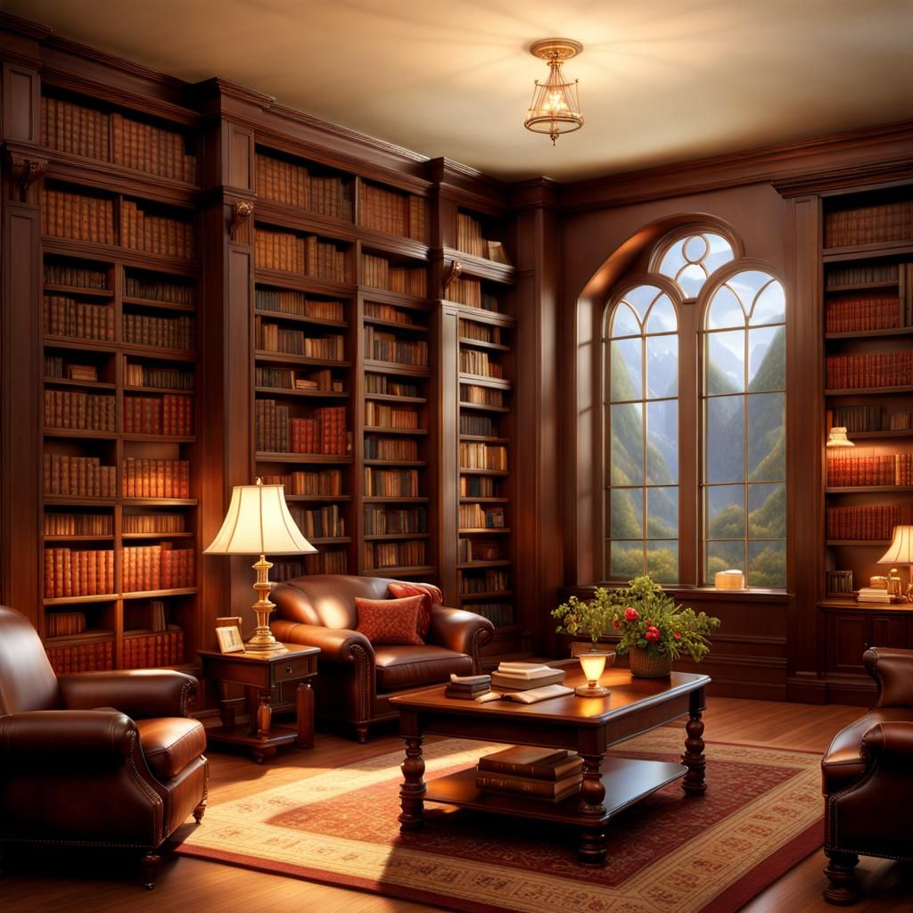 Cozy Library Interior in Kinkade Style