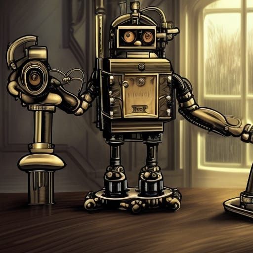 Steampunk Robot Butler in Mansion