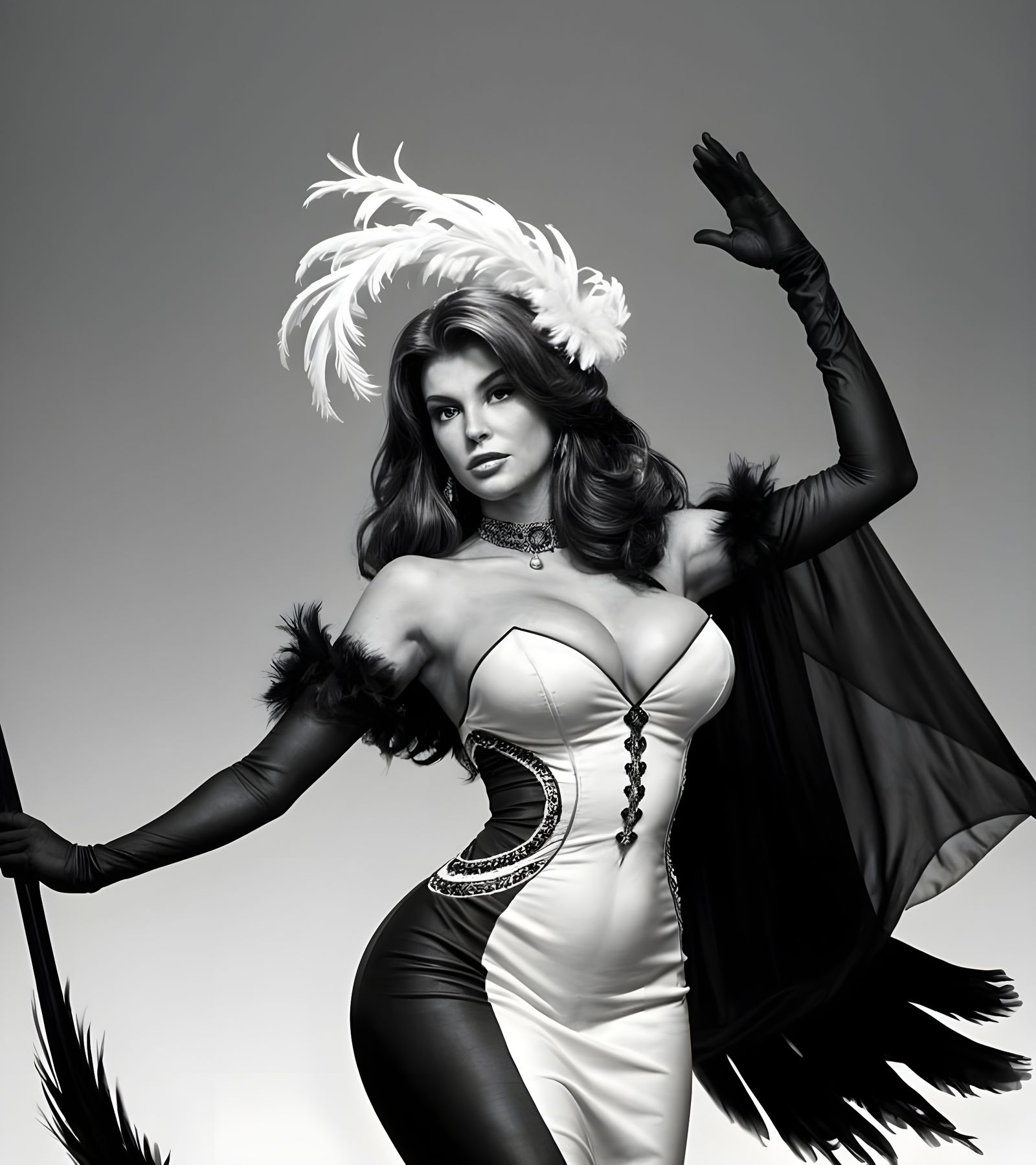 Raquel Welch in Feathers: Black and White Portrait