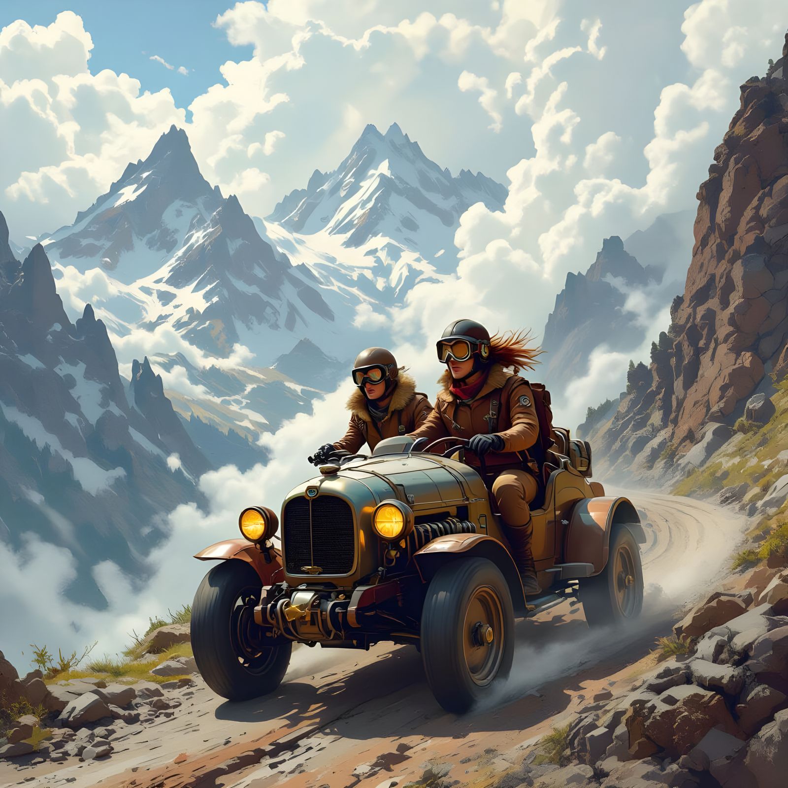 Adventurous Couple on Steam-Powered Vehicle in Matte Paintin...