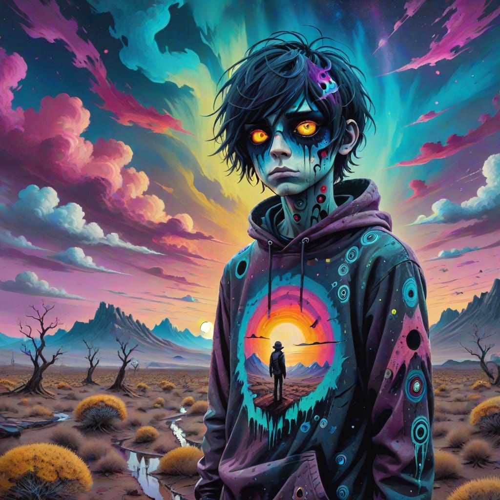 Surreal Emo Figure in Desolate Landscape: Oil Painting