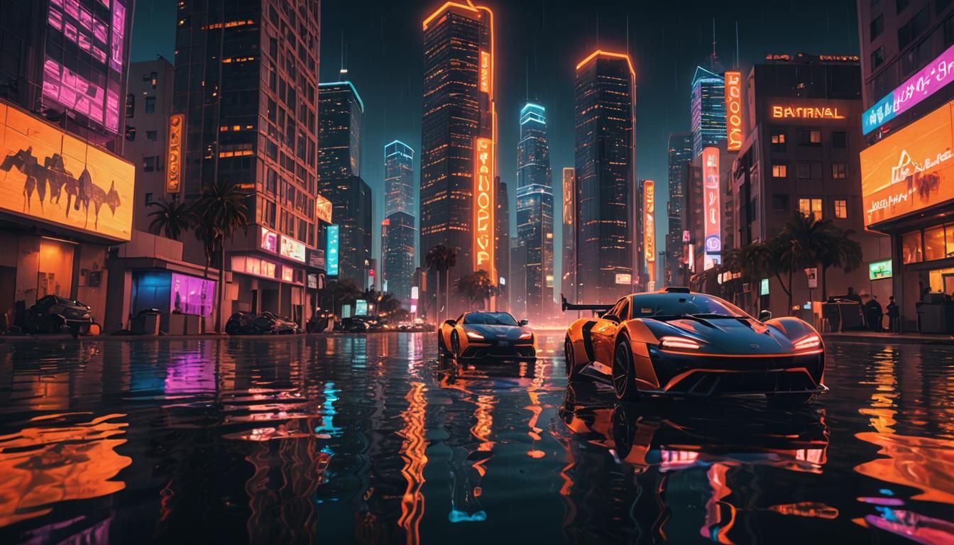 Flooded Futuristic Los Angeles in Neon Noir Style