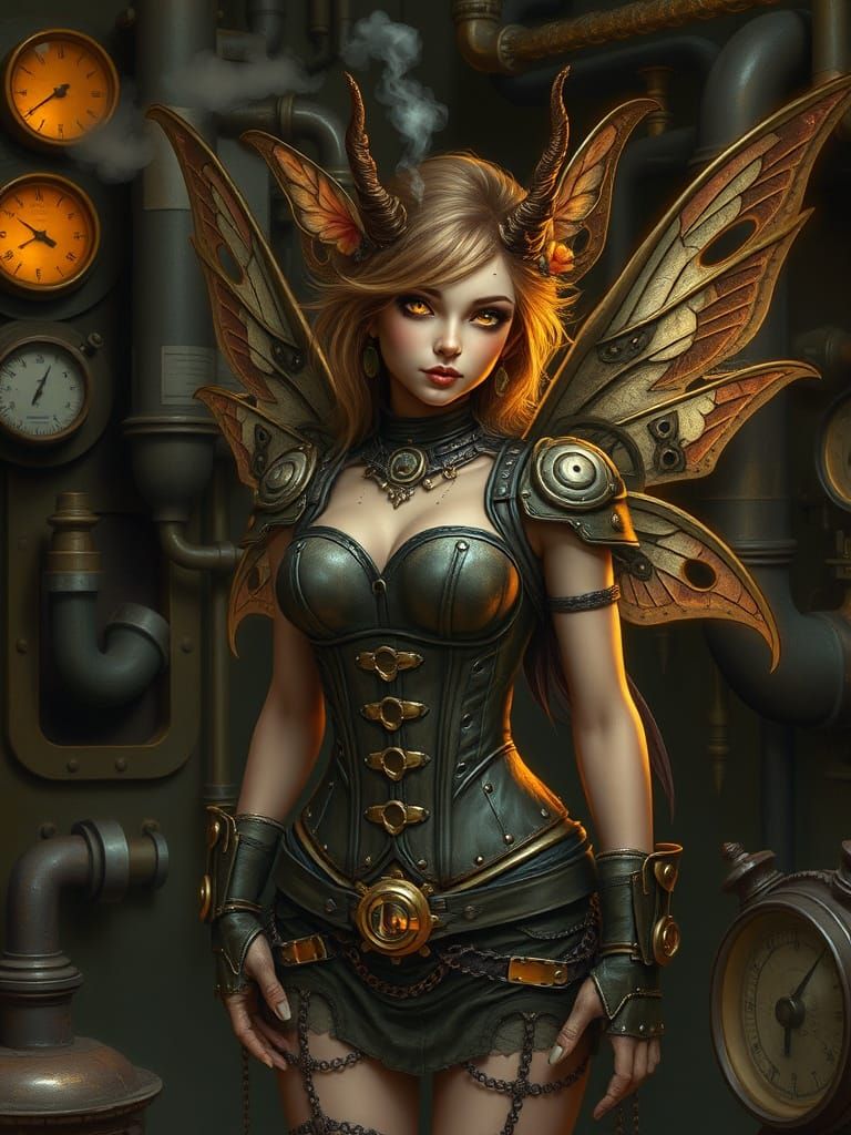 Steampunk Fairy in Workshop, Oil Painting Style