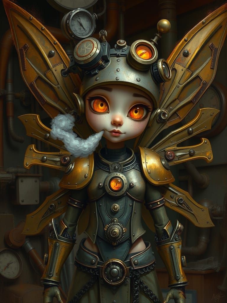 Steampunk Fairy in Workshop, Oil Painting Style