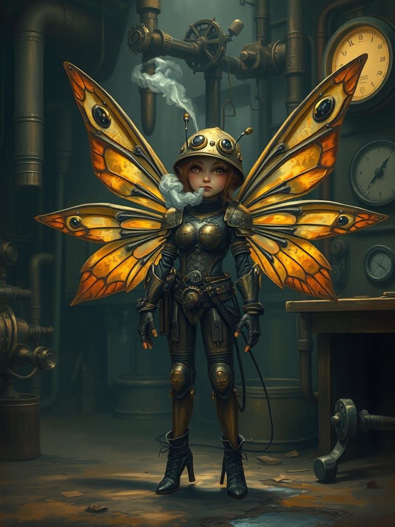 Steampunk Fairy with Brass Wings in Oil Painting Style