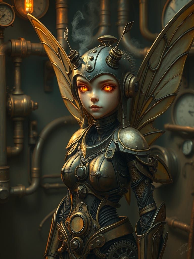 Steampunk Fairy in Workshop with Glowing Amber Eyes