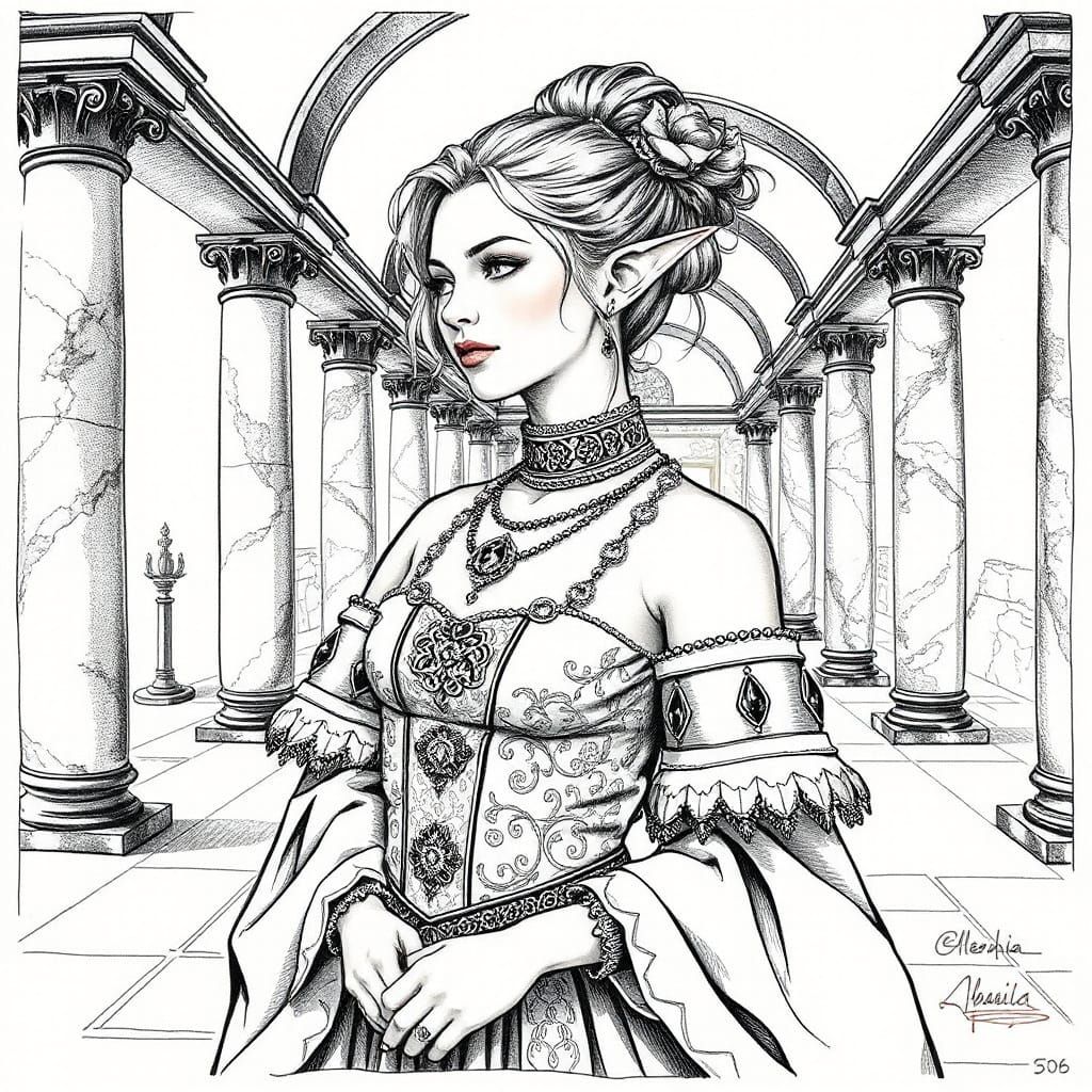 Elegant Elven Noblewoman in Ink Wash Illustration