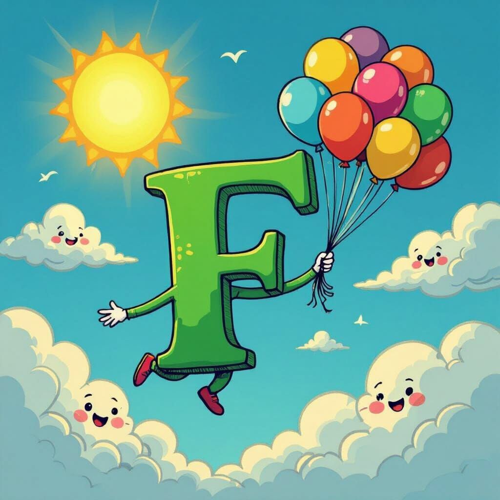 Green Letter F Flies With Balloons in Sunny Sky
