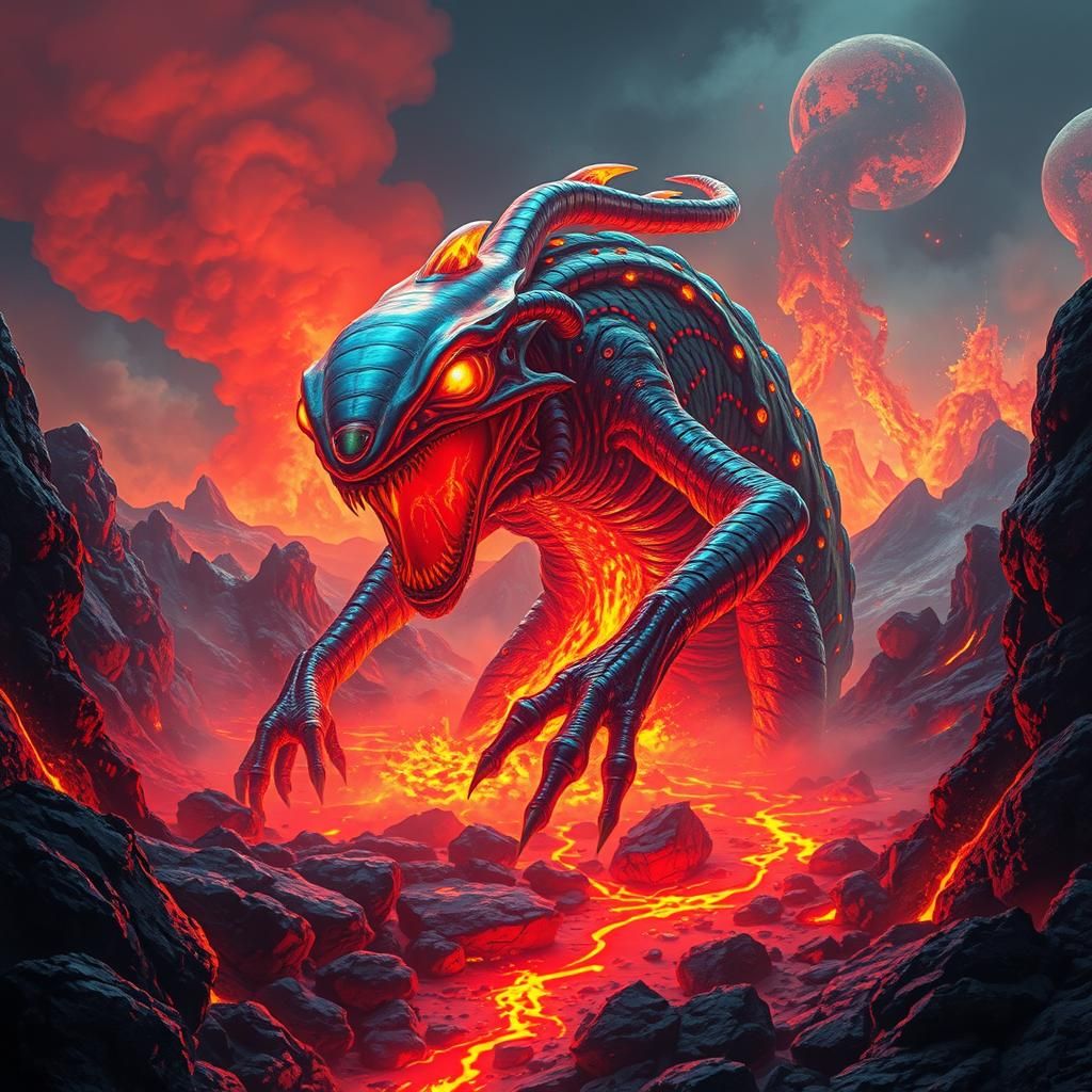 Lava Alien Monster Emerges from Volcano in Biomechanical Lan...