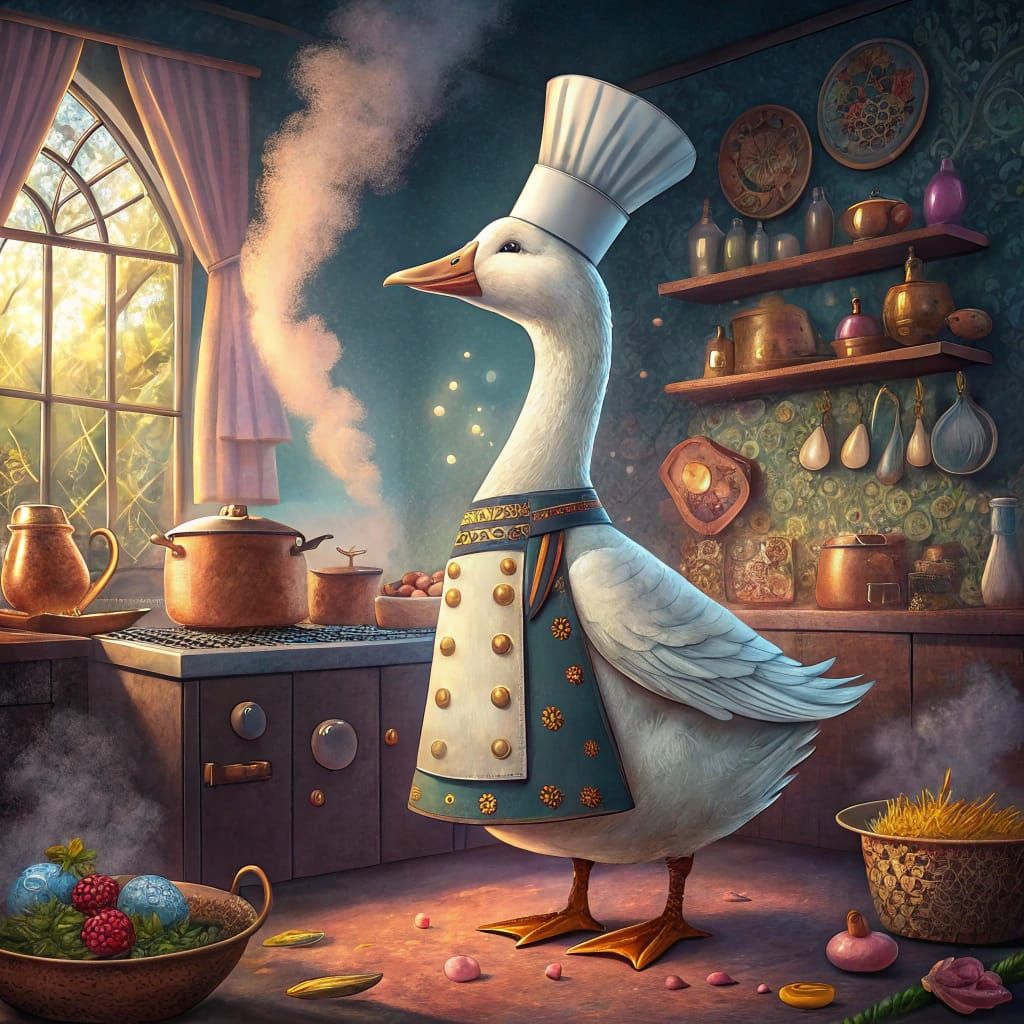 Whimsical White Goose Chef in a Fantastical Kitchen