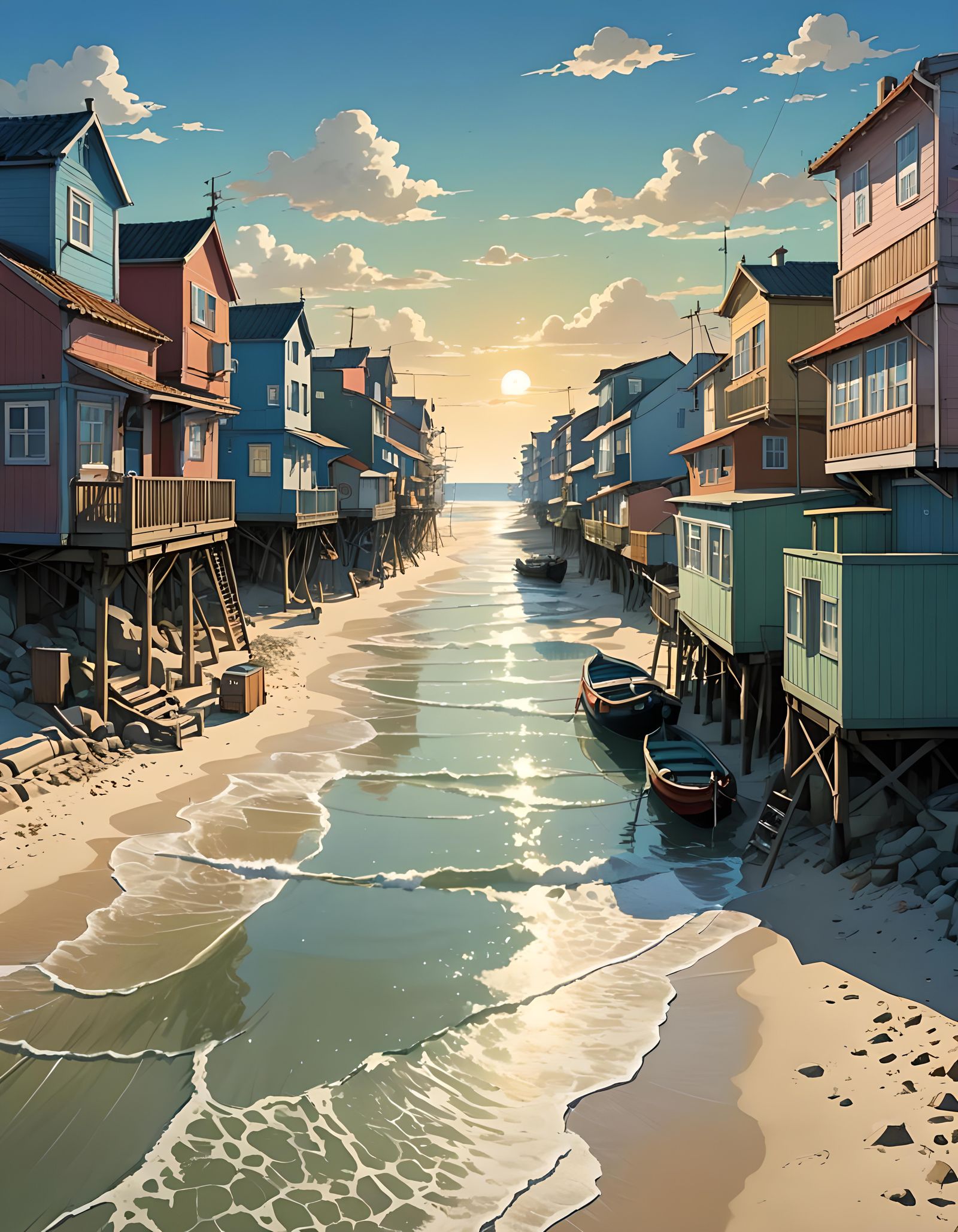 Colorful Houses on Aveiro Beach in Anime Style