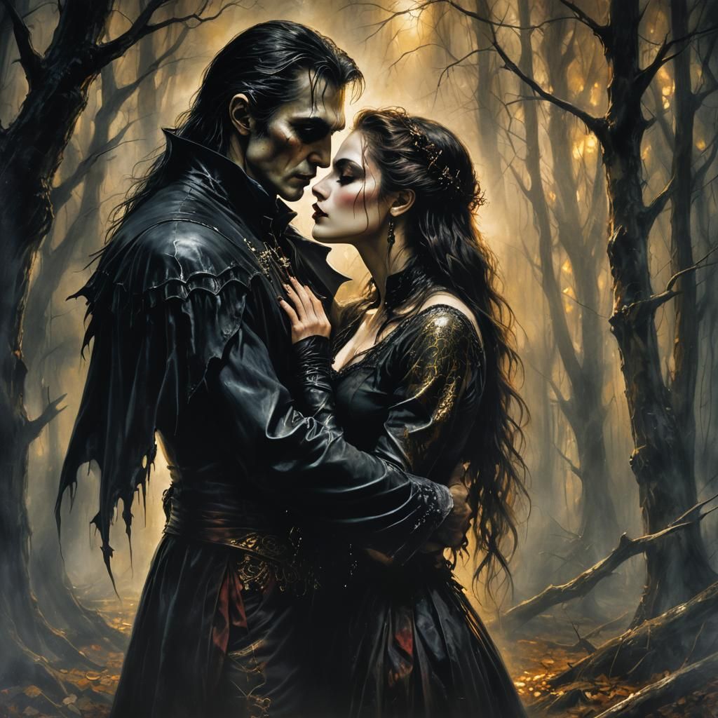 Vampire Couple Embrace in a Mystical Forest