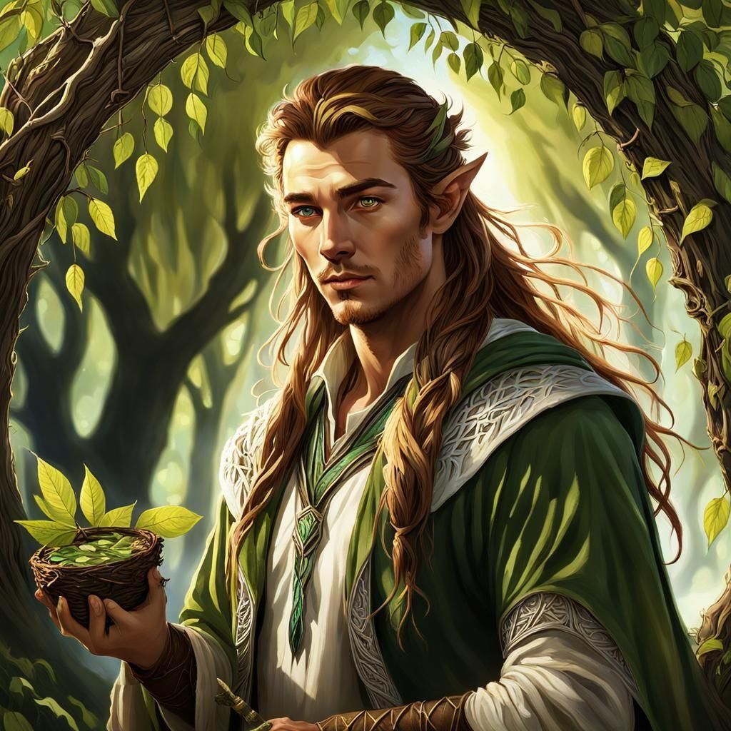 Joyful Elven Druid Gathering Herbs in Sunlight