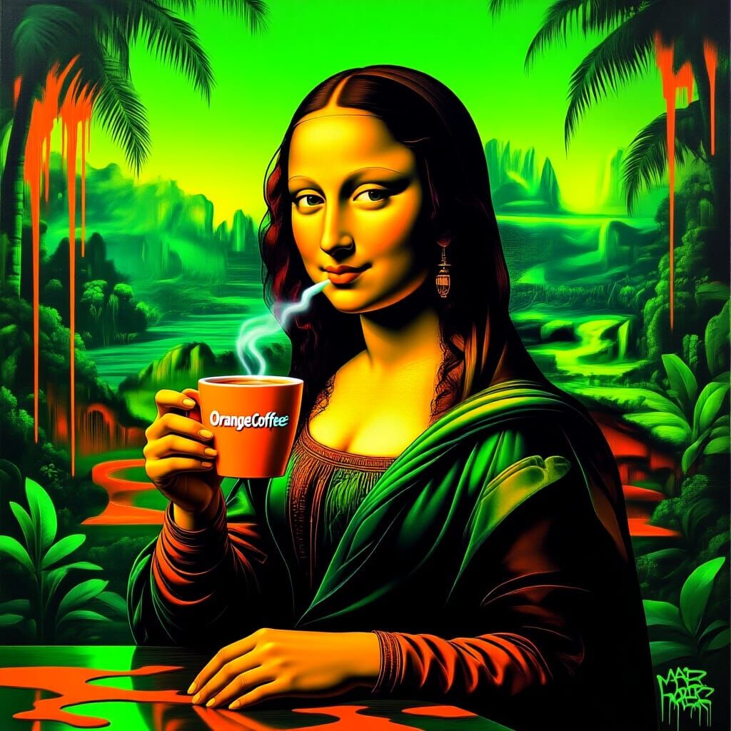Mona Lisa Sipping Coffee in Futuristic Jungle