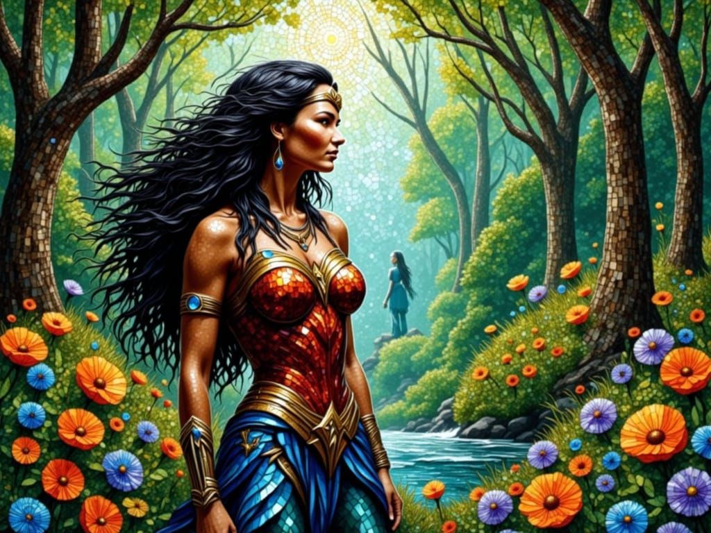 Wonder Woman in Stained Glass Mosaic Spring Landscape