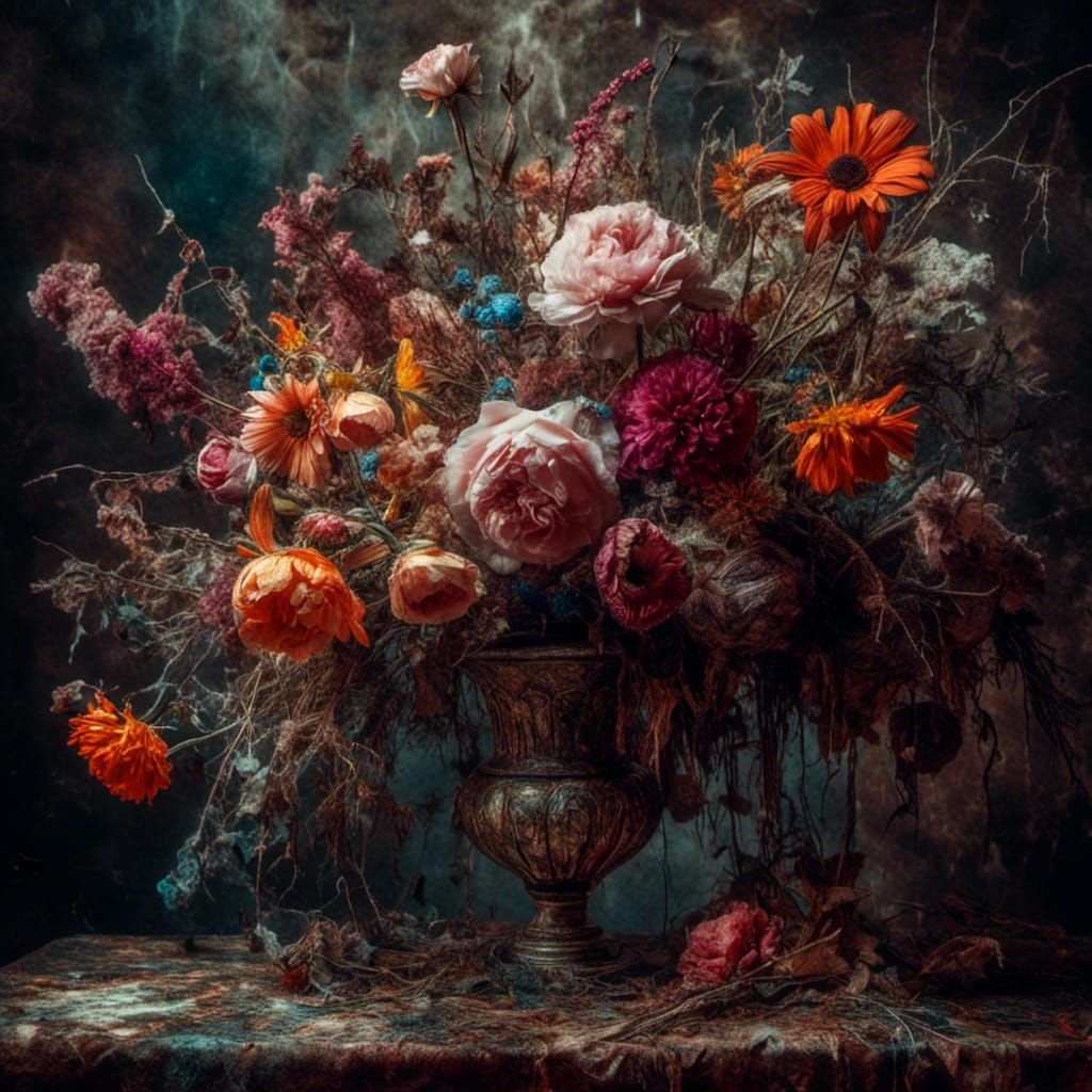 Vivid Flowers in Vase, Detailed Pen and Ink Style