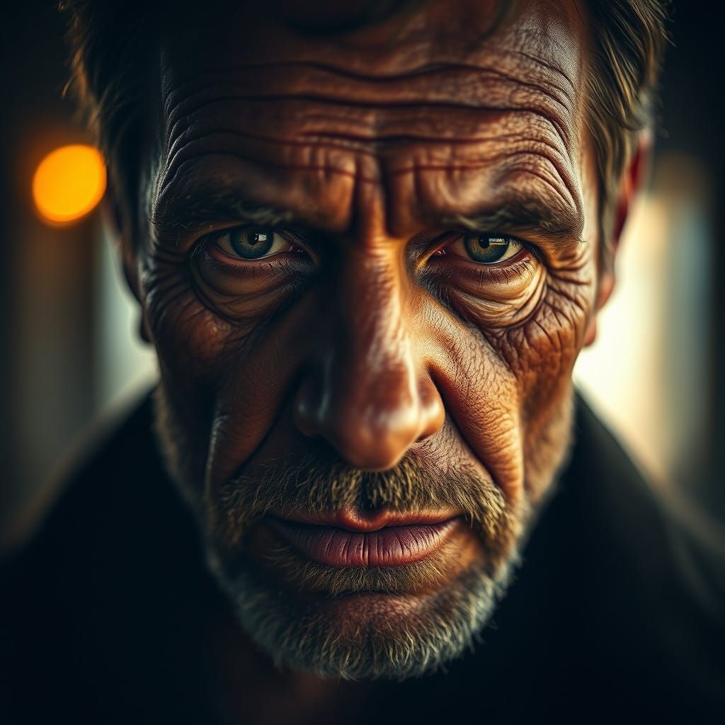 Intense, Cinematic Close-Up of a Weathered, Urban Male Face