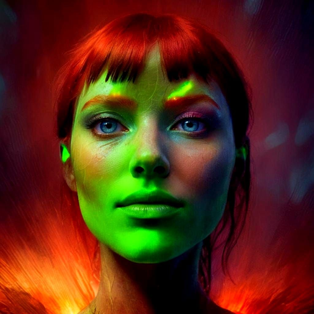 Green-Skinned Woman with Red Hair Portrait