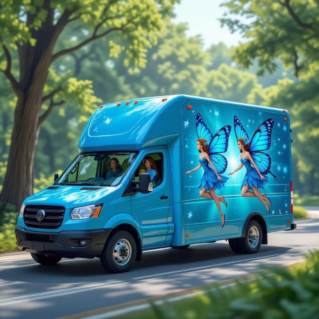 Fairies Driving Electric Blue Van to National Park