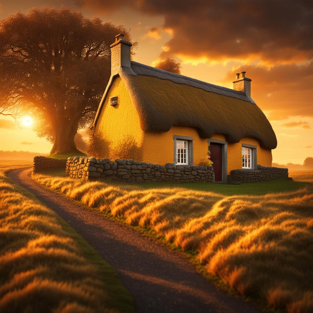 Irish Cottage in Golden Sunset