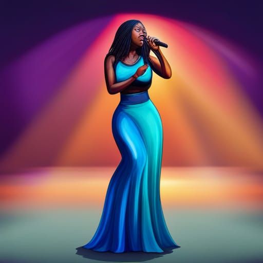 Hyperrealistic African Woman Singing in Theater