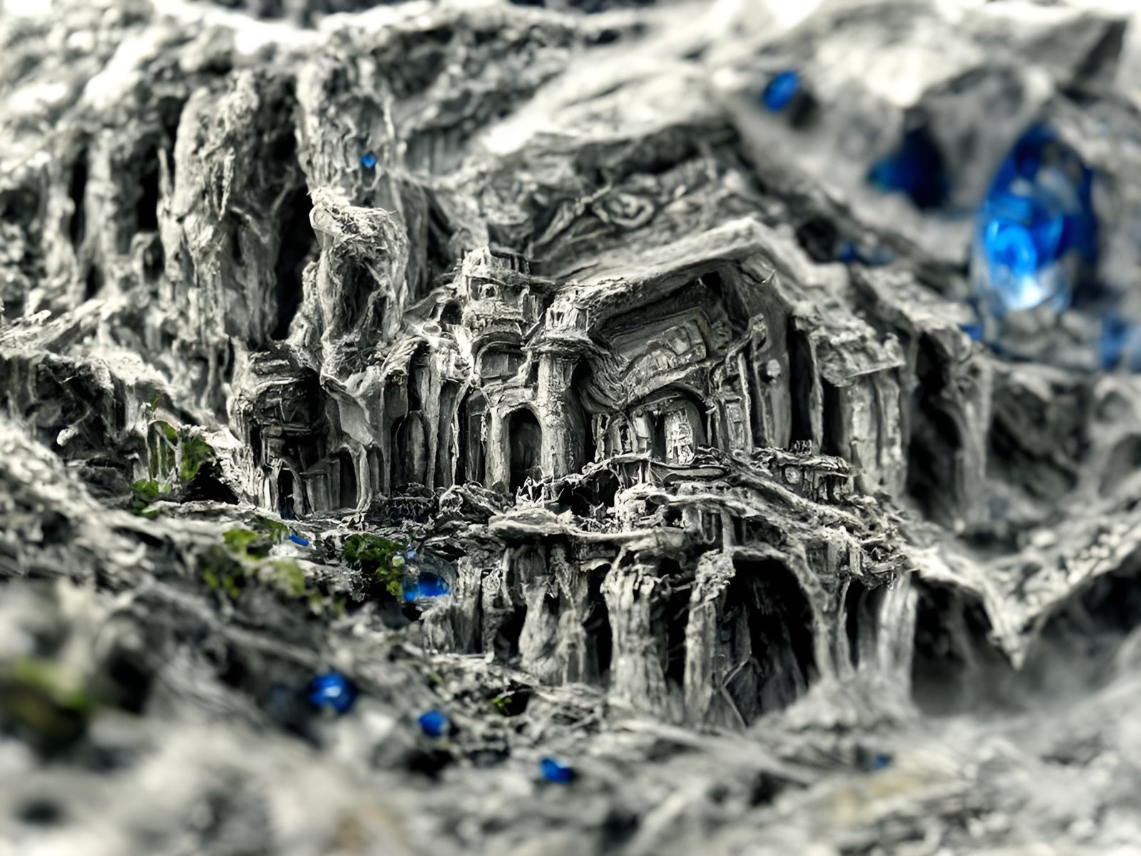 Sapphire City Carved into Cliffside, Hyperdetailed Fantasy A...