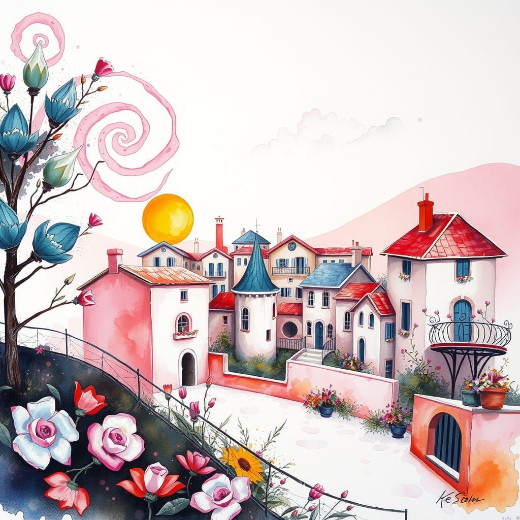 Charming Village in Pastel Watercolor And Gouache Style