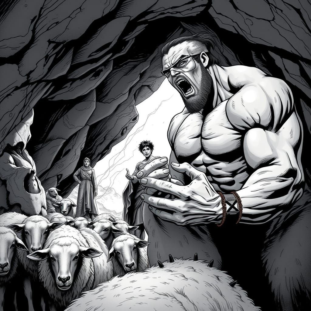 Greek Explorer Meets Cyclops: A Marvel-Inspired Scene