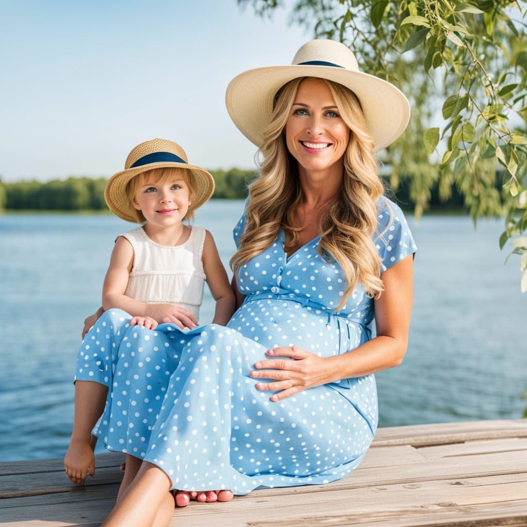 Pregnant Woman and Son by Lake