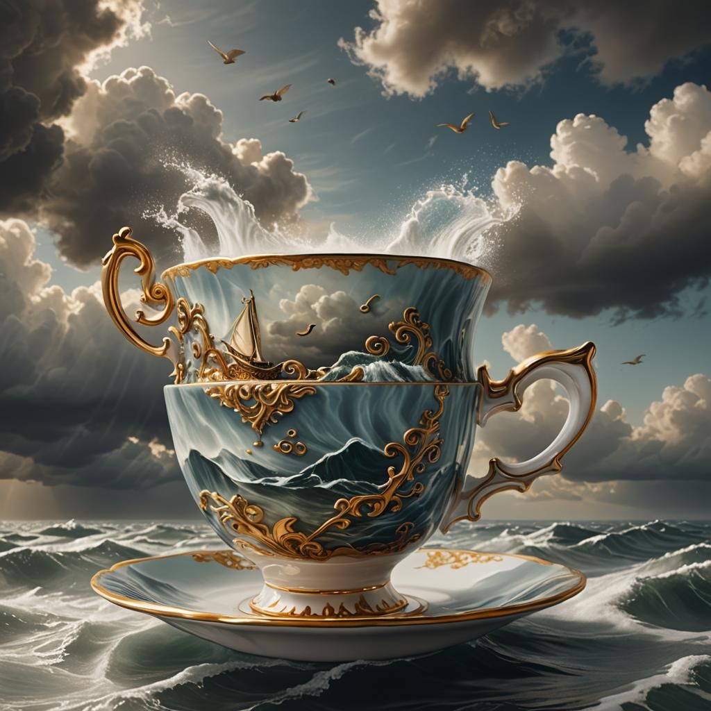 Person Sailing Teacup on Stormy Sea: Surreal Digital Art