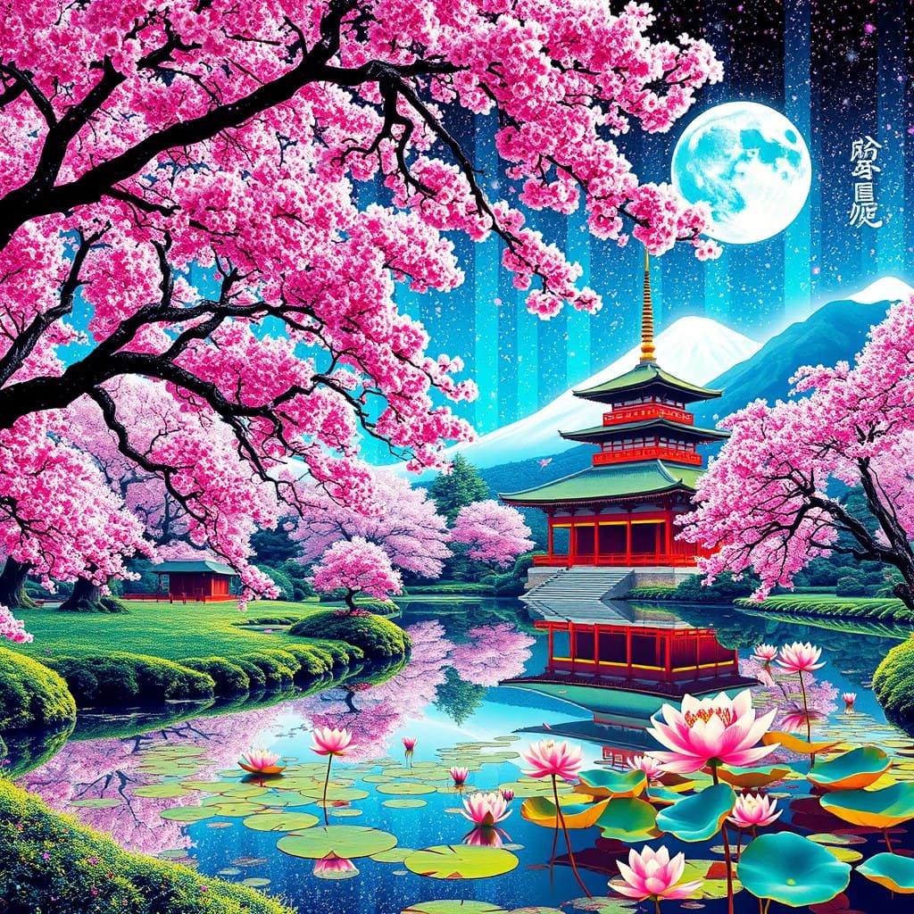 Vaporwave Glitch Ukiyo-e Landscape with Cherry Trees