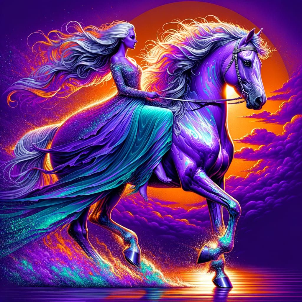 Regal Purple Goddess Rides Majestic Horse