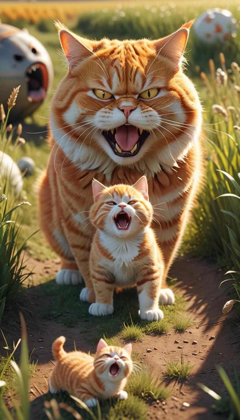 Angry Orange Cat and Crying Kitten in Field