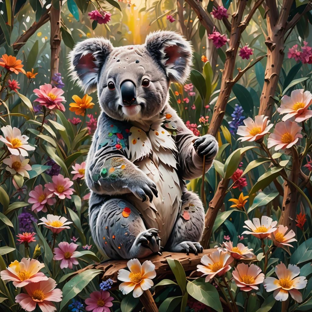 Koala's Oil Painting in Flower Garden, 3D Render