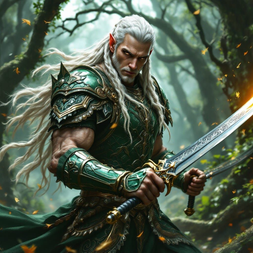 Majestic Elven Ranger Warrior in Rococo-Green Chainmail Armo...