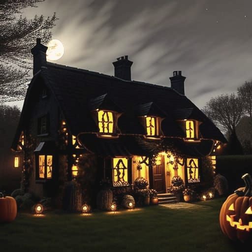 Halloween Cottage in Twilight Moonlight